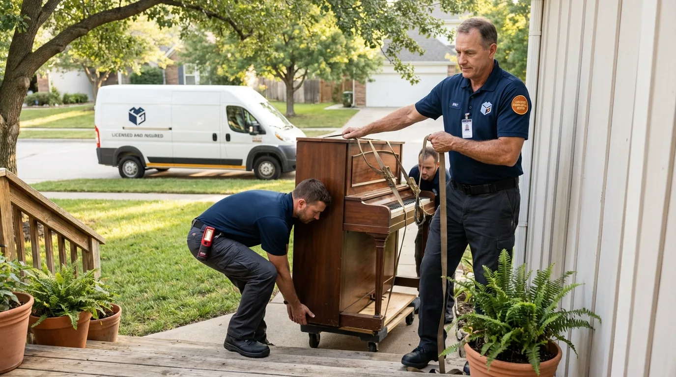 Licensed piano movers securing grand piano in Saint Henry, OH