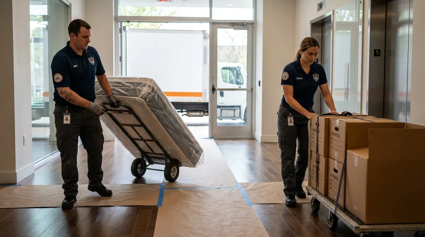 Professional apartment movers loading elevator in Saint Henry, OH